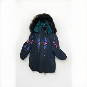 Vintage Mulberry Street Jacket Womens Small Blue Winter Hooded Faux Fur Trim 90s